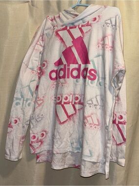 Adidas Girls White W/ Multi Colored Graphic Hooded Long Sleeve T-shirt M 10-12